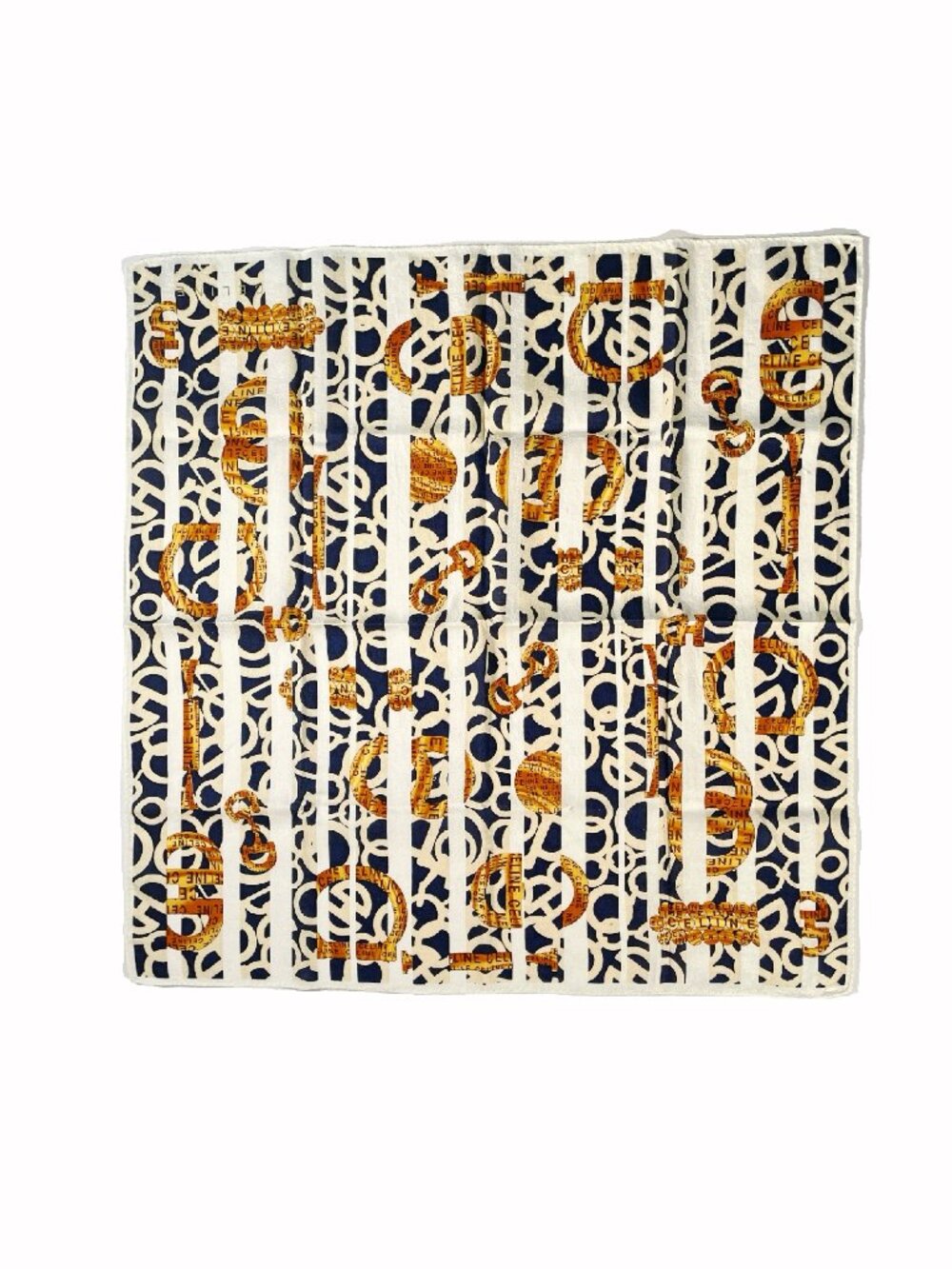 Celine Vintage Cotton Scarf Navy Ivory Gold Logo Stripe Print 22”